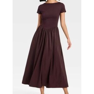 A New Day Mixed Media Maxi Dress Cottagecore XS brown NWT Short Sleeve